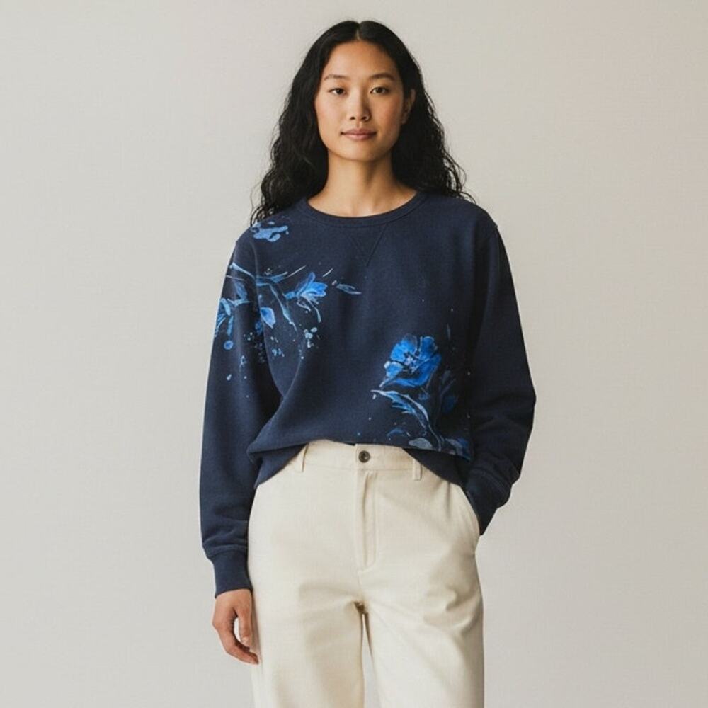 Polo Ralph Lauren Floral Print Fleece Lined Pullover Women's Sz L Navy Preppy